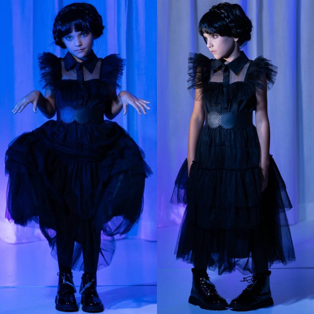 Girls Wednesday Prom Dance Tulle Costume Dress with Belt - Picture 6 of 6